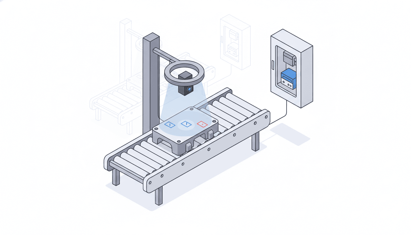 Isometric illustration of an inspection cell: an industrial camera and ring light on a gantry above an aluminium part on a roller conveyor, detection boxes marked on the part surface, cabled to an edge-compute cabinet.