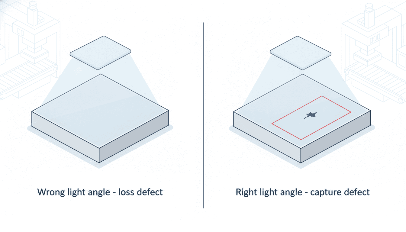 Isometric illustration: the same part shown twice — under flat overhead light the surface looks clean, under low-angle light a defect becomes visible and is marked with a red detection box.